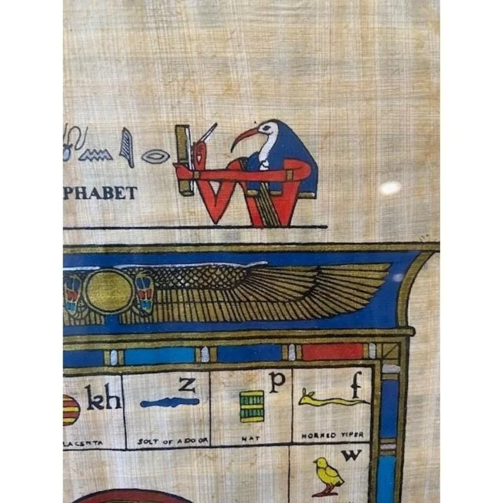 Egyptian Papyrus Art Signed Tarek Hieroglyphic Alphabet Ankh Vintage Frame 16x11